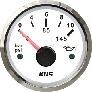 KUS Ukazovateľ tlaku oleja 0-10 bar, biely čiselník, nerezový rám 52 mm