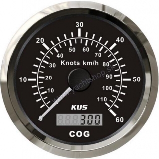 KUS GPS Rýchlomer, čierny čiselník, 0-60 Kn, 0-110 km, nerezový rám 85 mm