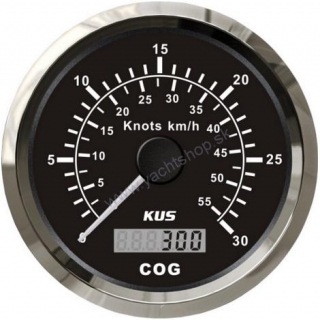 KUS GPS Rýchlomer, čierny čiselník, 0-30 Kn, 0-55 km, nerezový rám 85 mm