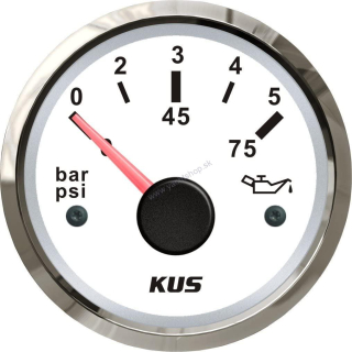 KUS Ukazovateľ tlaku oleja 0-5 bar, biely čiselník, nerezový rám 52 mm