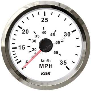 KUS Rýchlomer, biely čiselník, 0-35 Kn, 0-60 km, nerezový rám 85 mm